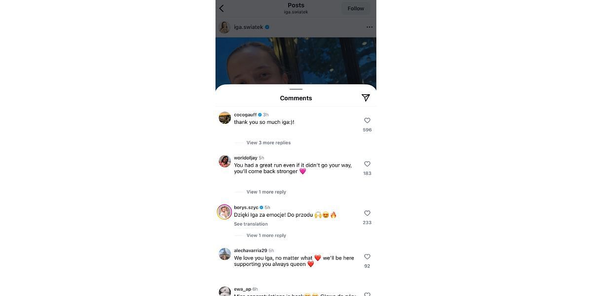 Coco Gauff's comments on Iga Swiatek's Instagram post